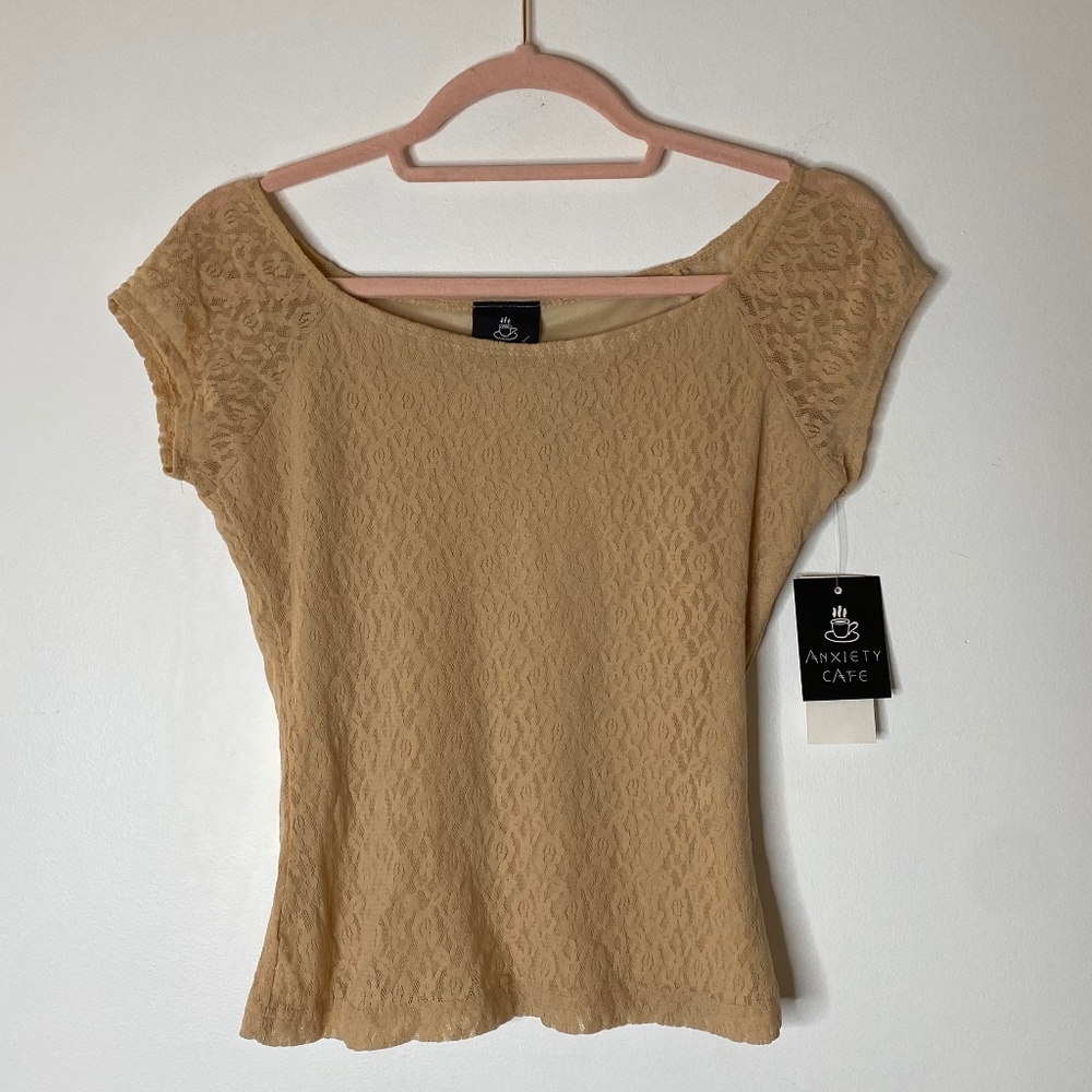 Y2K ANXIETY CAFE Tan Lace Cap Sleeve Fitted Stretch Baby Top NWT Size Small